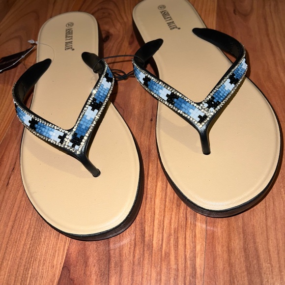 Blue and Black beaded and rhinestone embellished Flip Flops Sandals - Picture 5 of 11